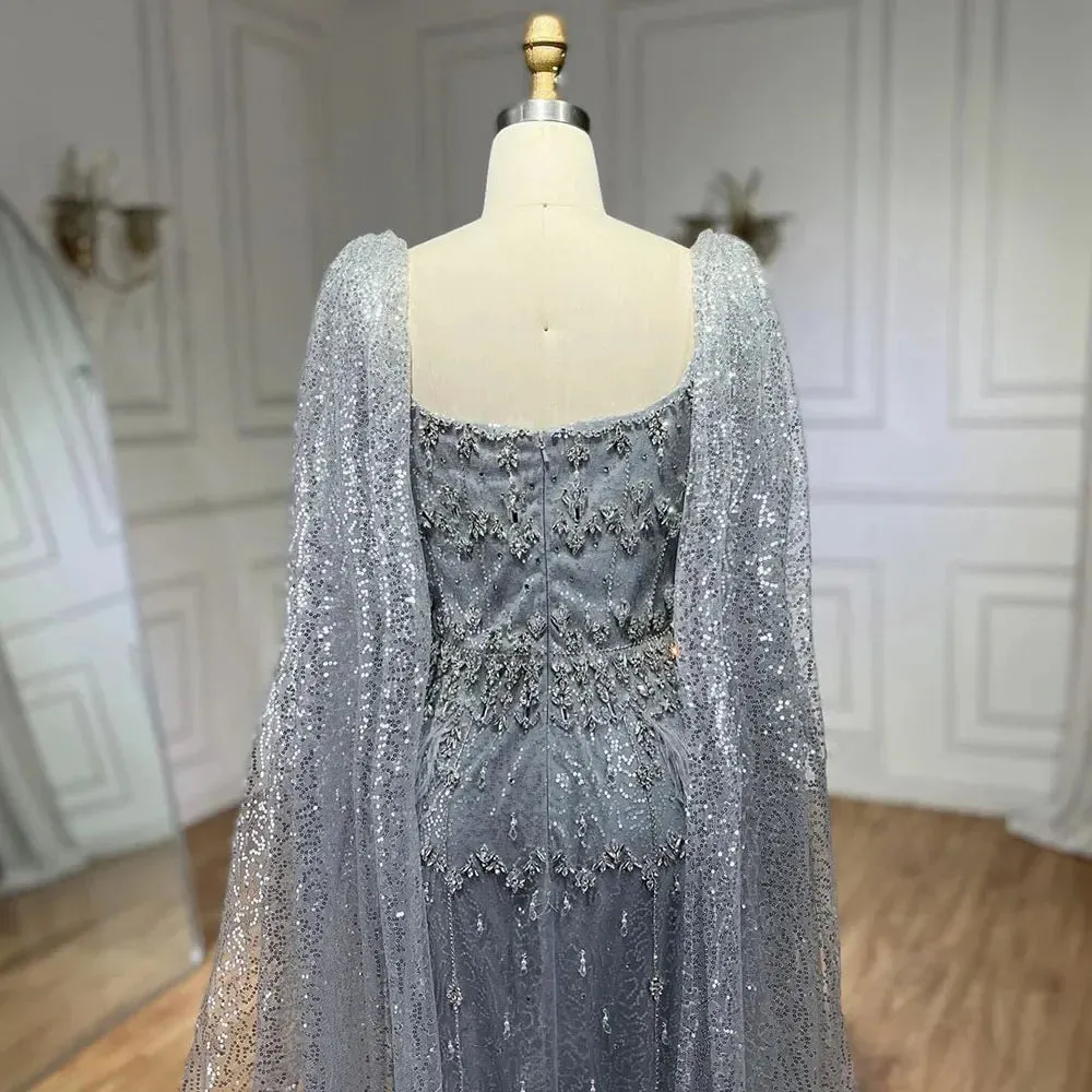 Silver Gray Mermaid Evening Dresses With Cape Feather