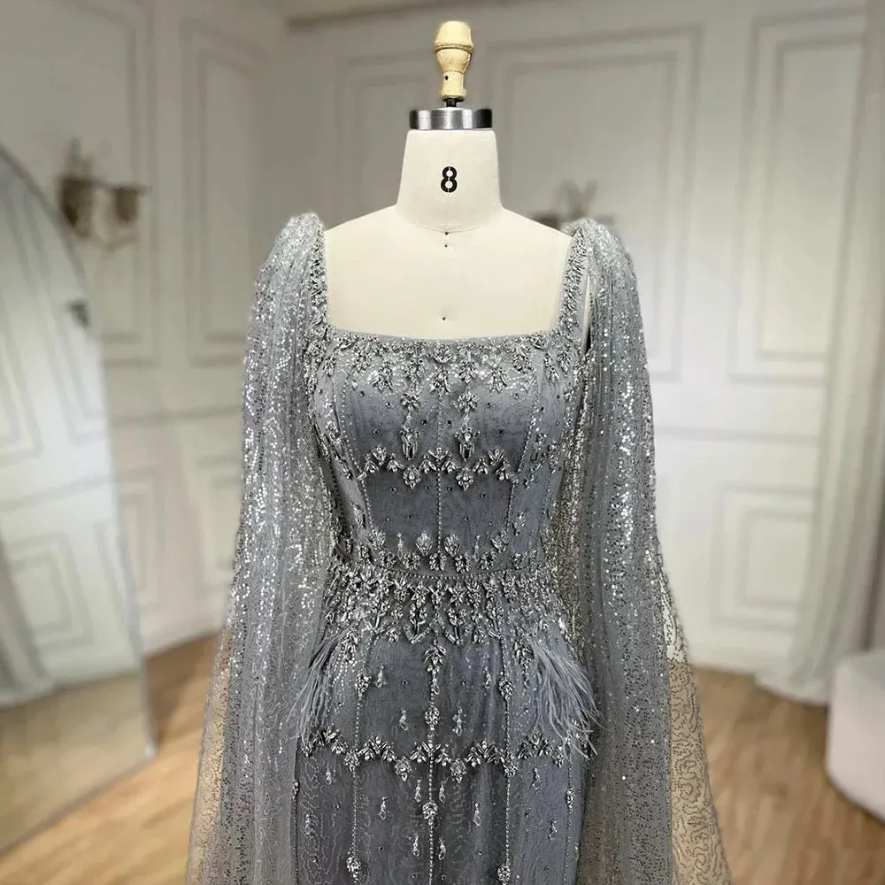Silver Gray Mermaid Evening Dresses With Cape Feather