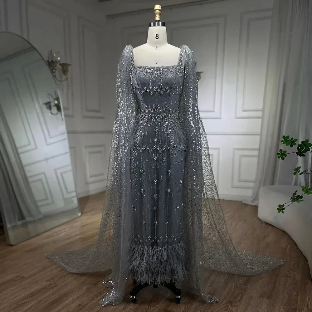 Silver Gray Mermaid Evening Dresses With Cape Feather