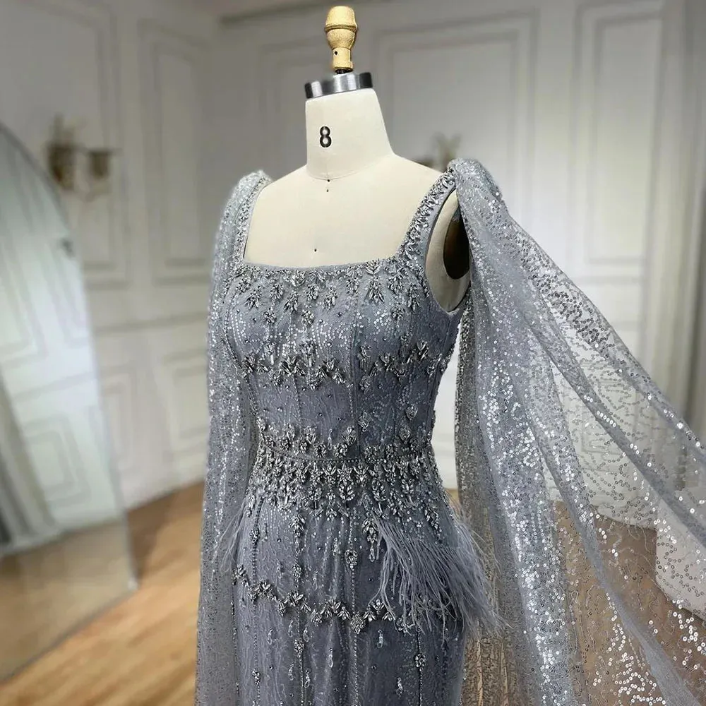Silver Gray Mermaid Evening Dresses With Cape Feather