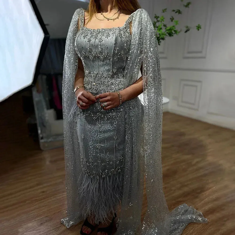 Silver Gray Mermaid Evening Dresses With Cape Feather