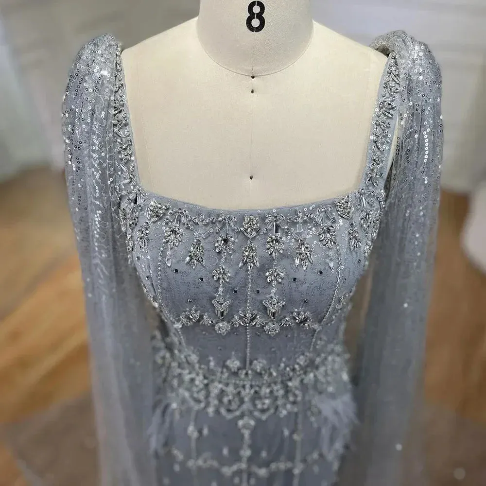 Silver Gray Mermaid Evening Dresses With Cape Feather