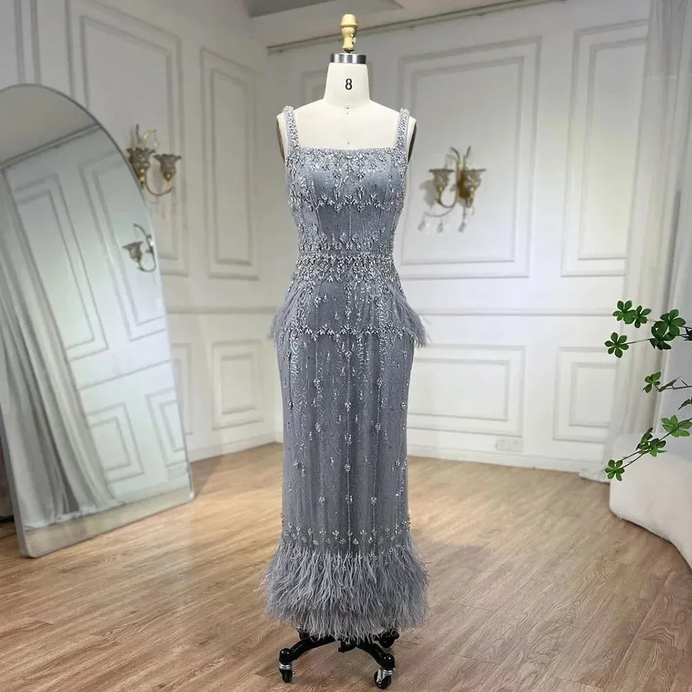 Silver Gray Mermaid Evening Dresses With Cape Feather