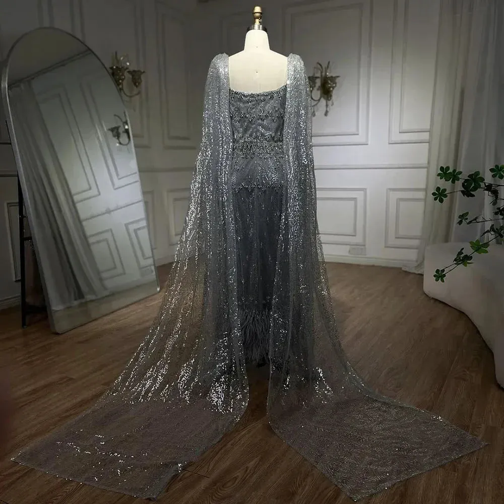 Silver Gray Mermaid Evening Dresses With Cape Feather