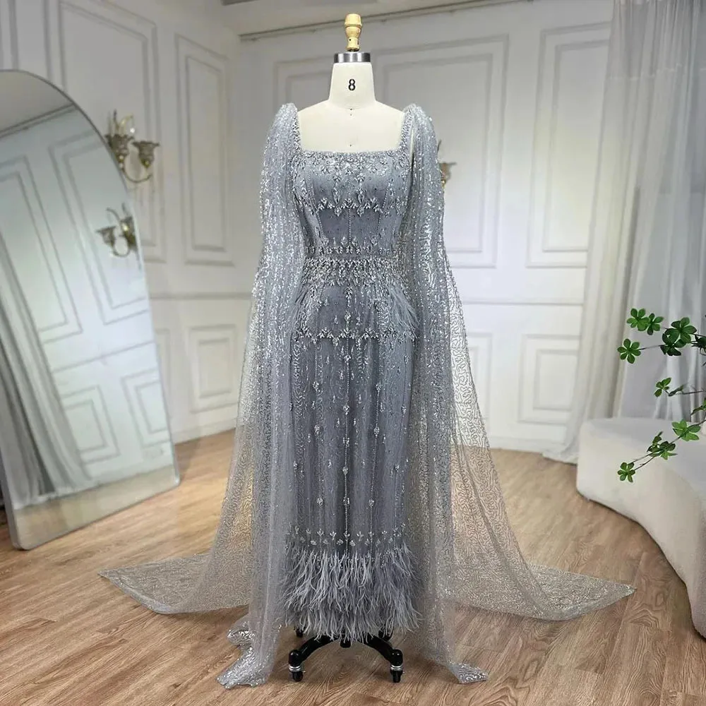 Silver Gray Mermaid Evening Dresses With Cape Feather