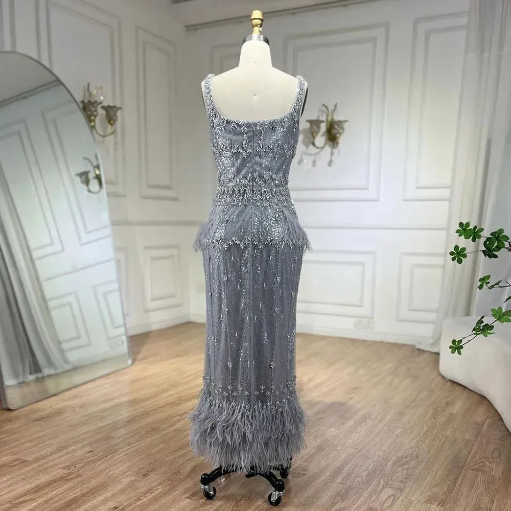 Silver Gray Mermaid Evening Dresses With Cape Feather
