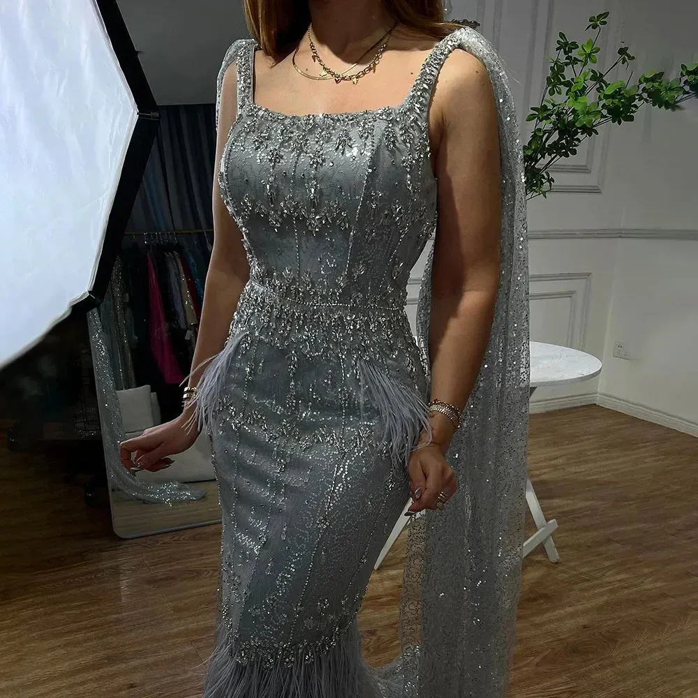 Silver Gray Mermaid Evening Dresses With Cape Feather