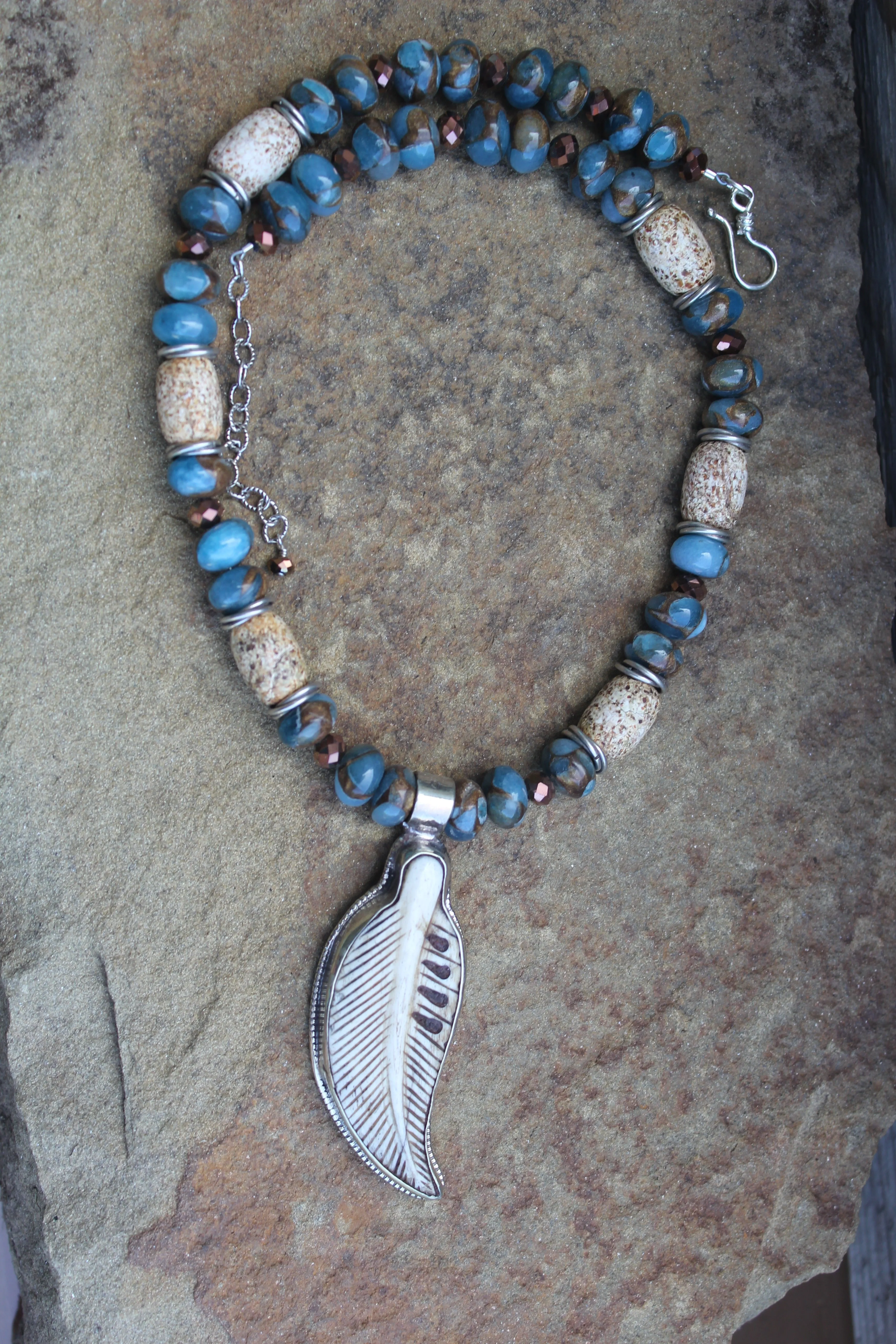 Small bone leaf & impression jasper necklace