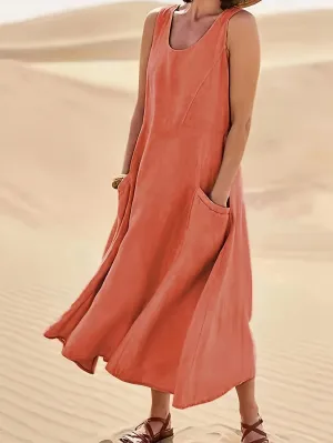 Solid Color Pockets Tank Dress, Vintage Sleeveless Loose Versatile Dress For Spring & Summer, Women's Clothing
