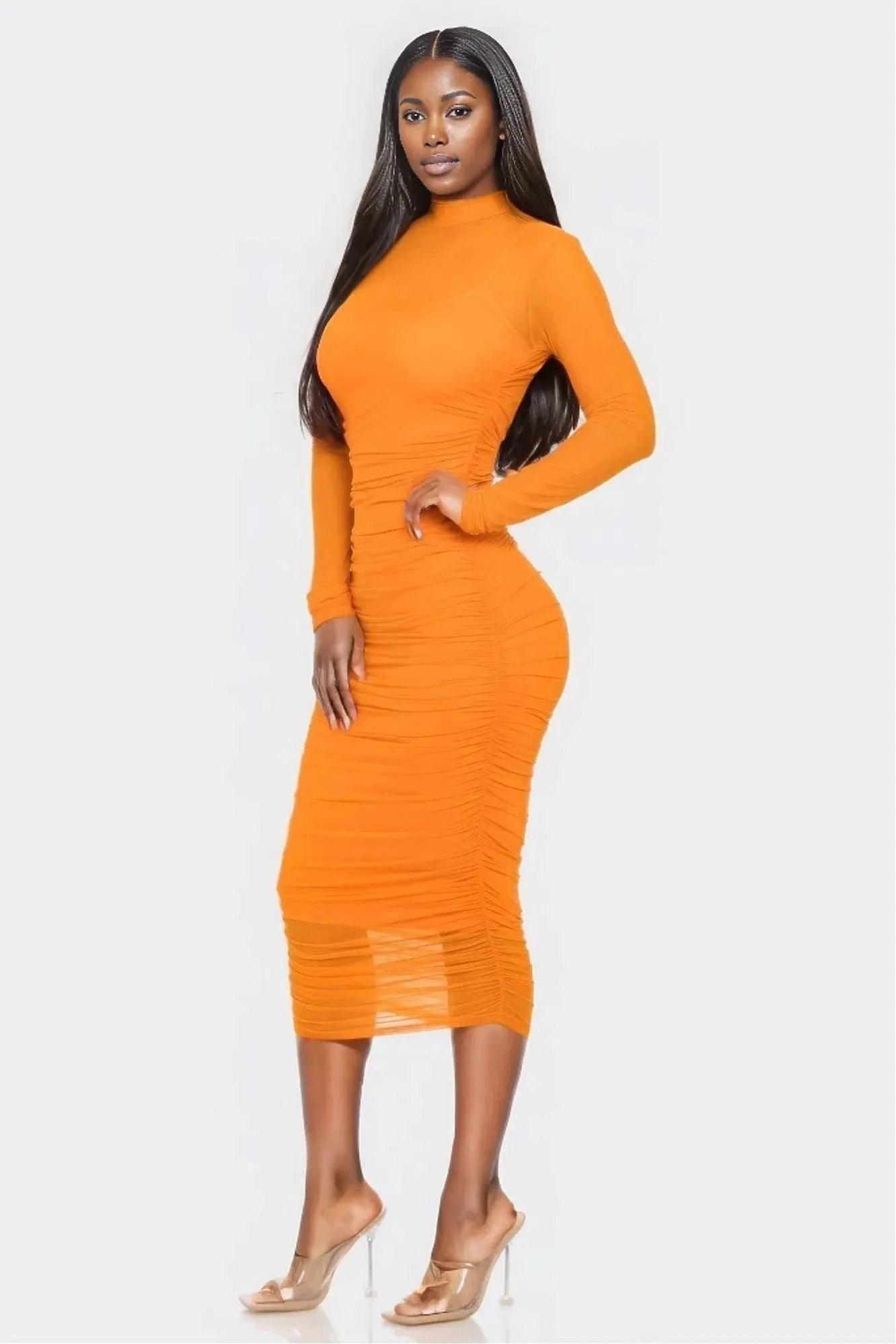 Solid Mesh Ruched Midi Dress