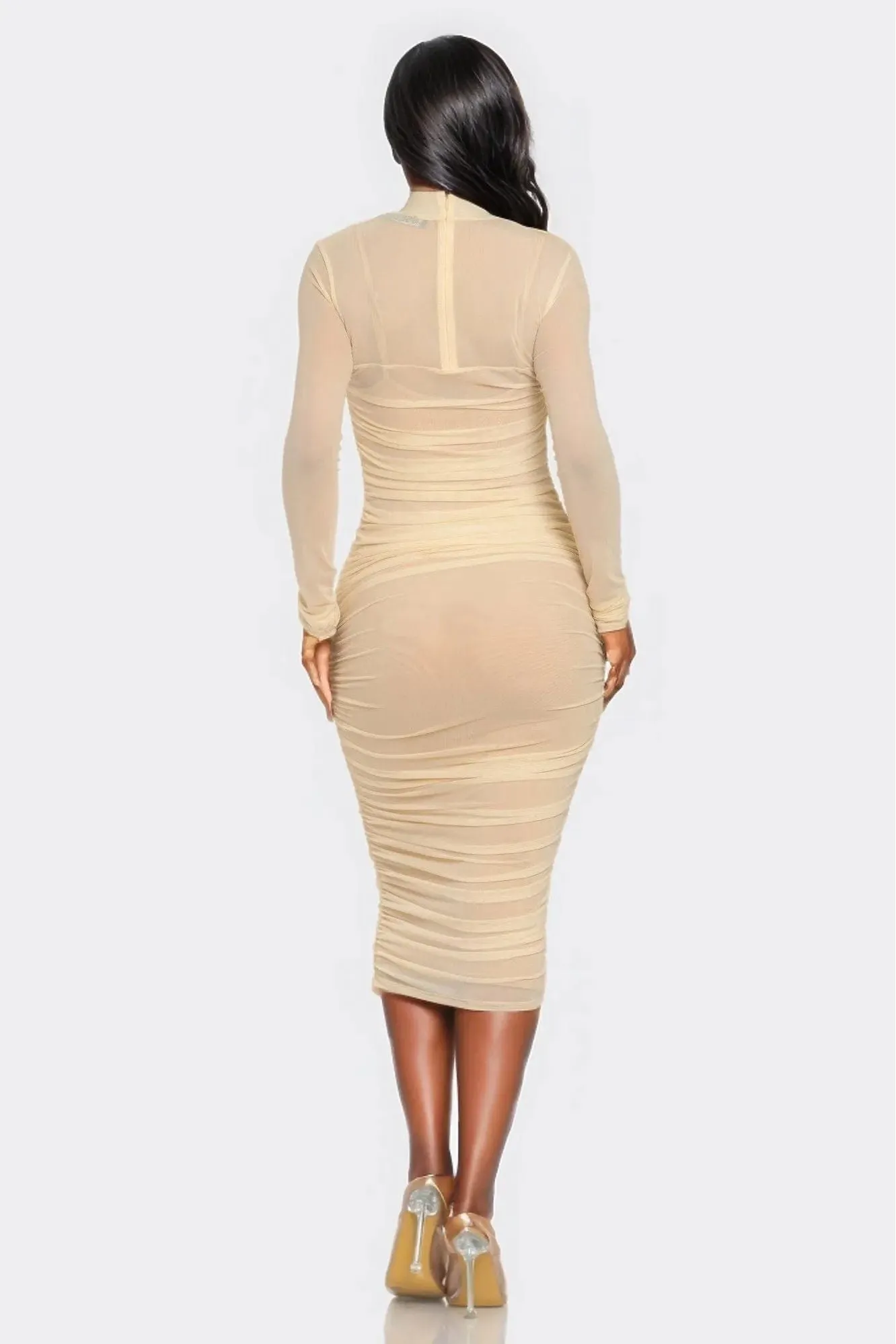 Solid Mesh Ruched Midi Dress