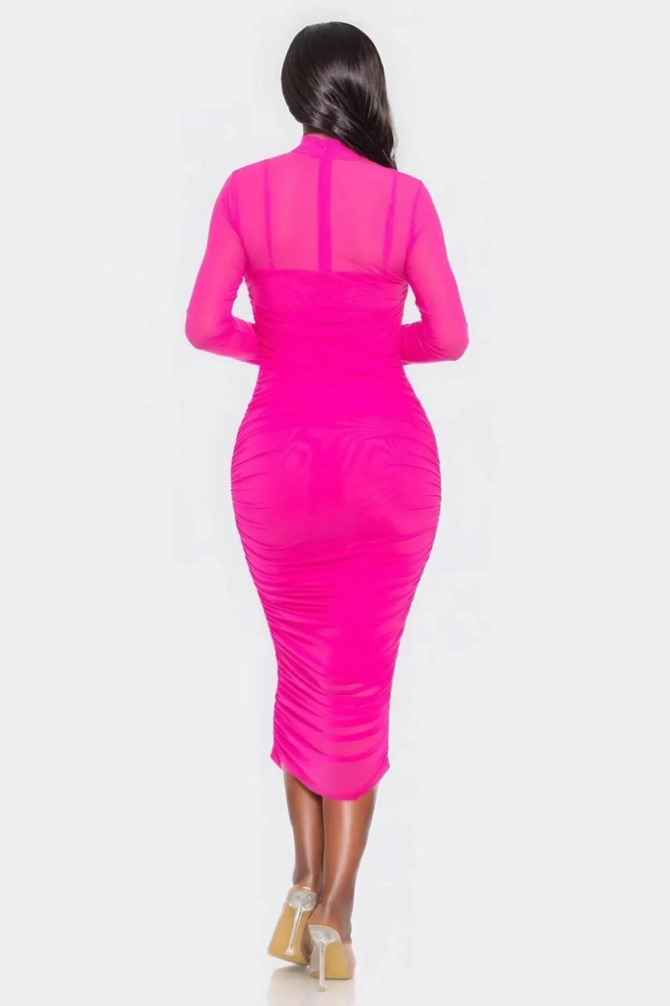 Solid Mesh Ruched Midi Dress