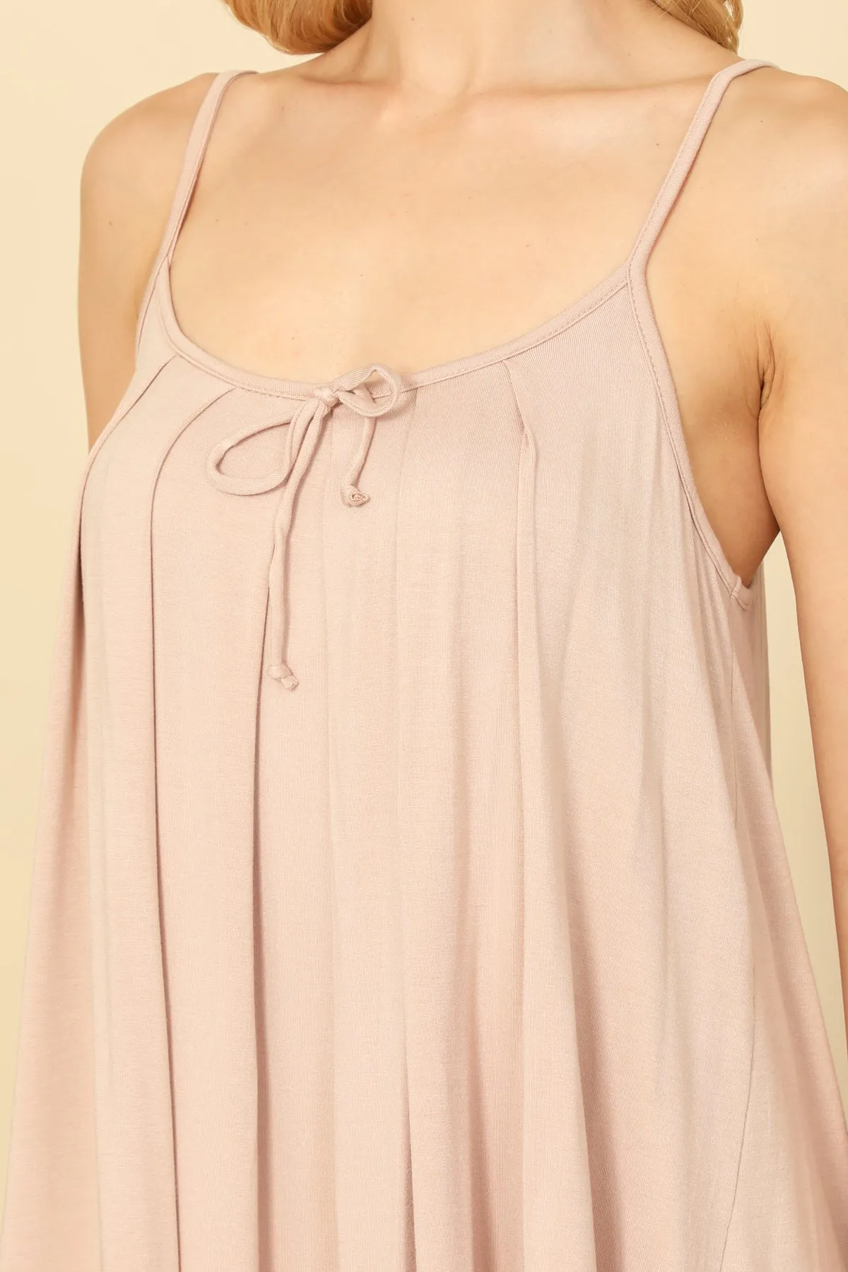 SPAGHETTI STRAP PLEATED TIE DETAIL SOLID DRESS