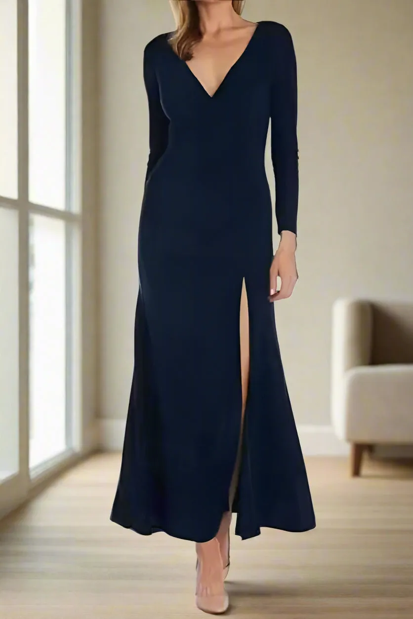 Split Long Sleeve V Neck Black Simple Wedding Party Dress