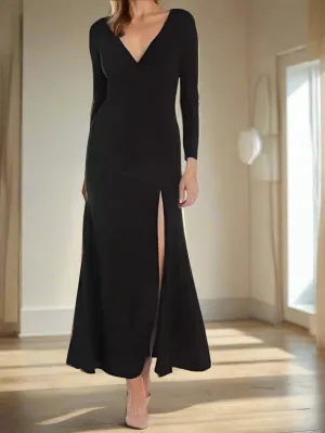 Split Long Sleeve V Neck Black Simple Wedding Party Dress