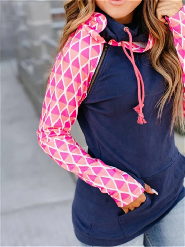 Spring Autumn Comfort Plaid Sleeve Ladies Splice Hoodies