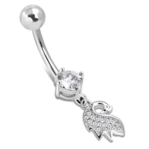 Stainless Steel Delicate Swan Feather Cubic Zirconia Charm Dangle Belly Button Navel Ring