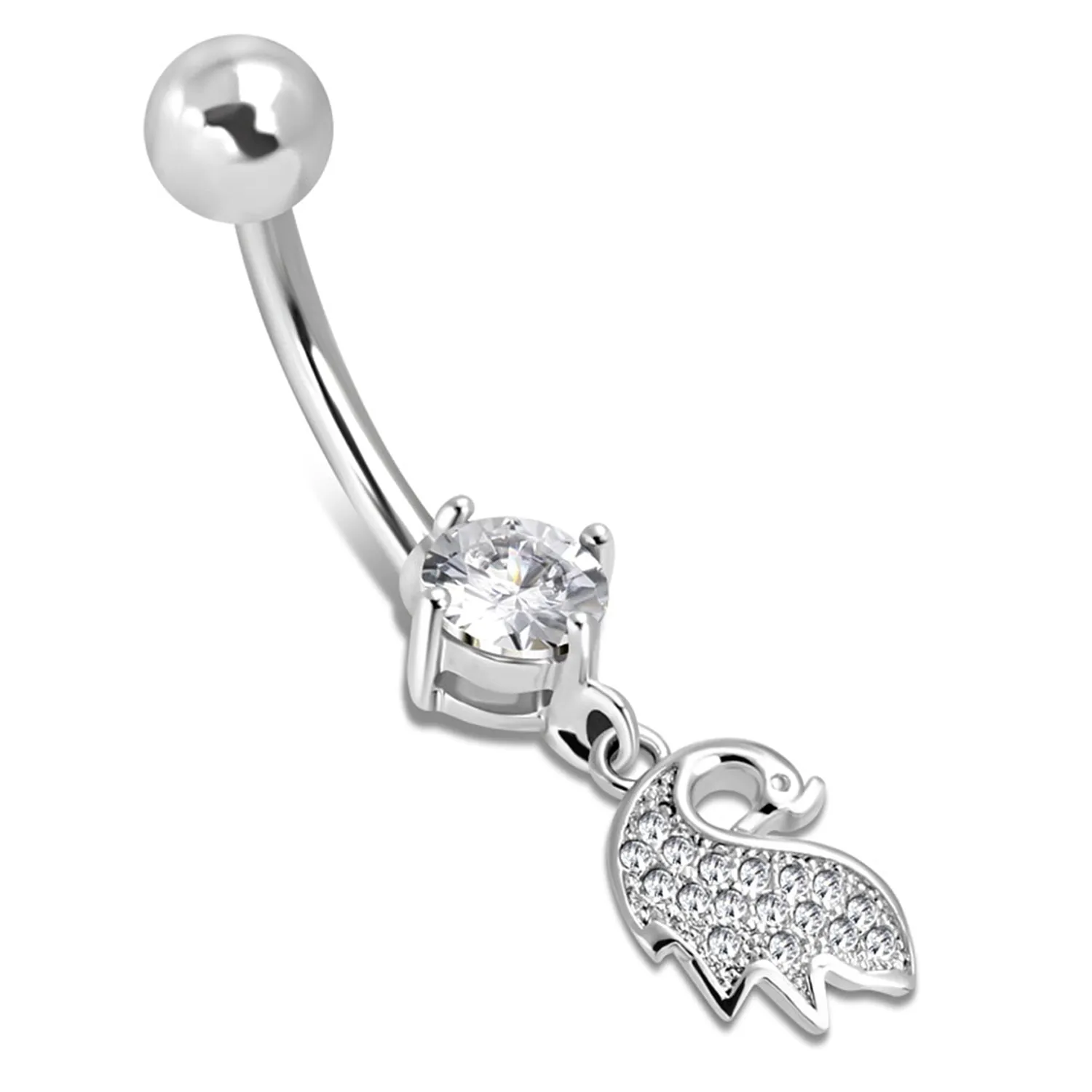 Stainless Steel Delicate Swan Feather Cubic Zirconia Charm Dangle Belly Button Navel Ring
