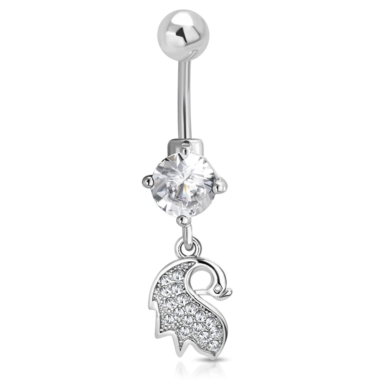 Stainless Steel Delicate Swan Feather Cubic Zirconia Charm Dangle Belly Button Navel Ring