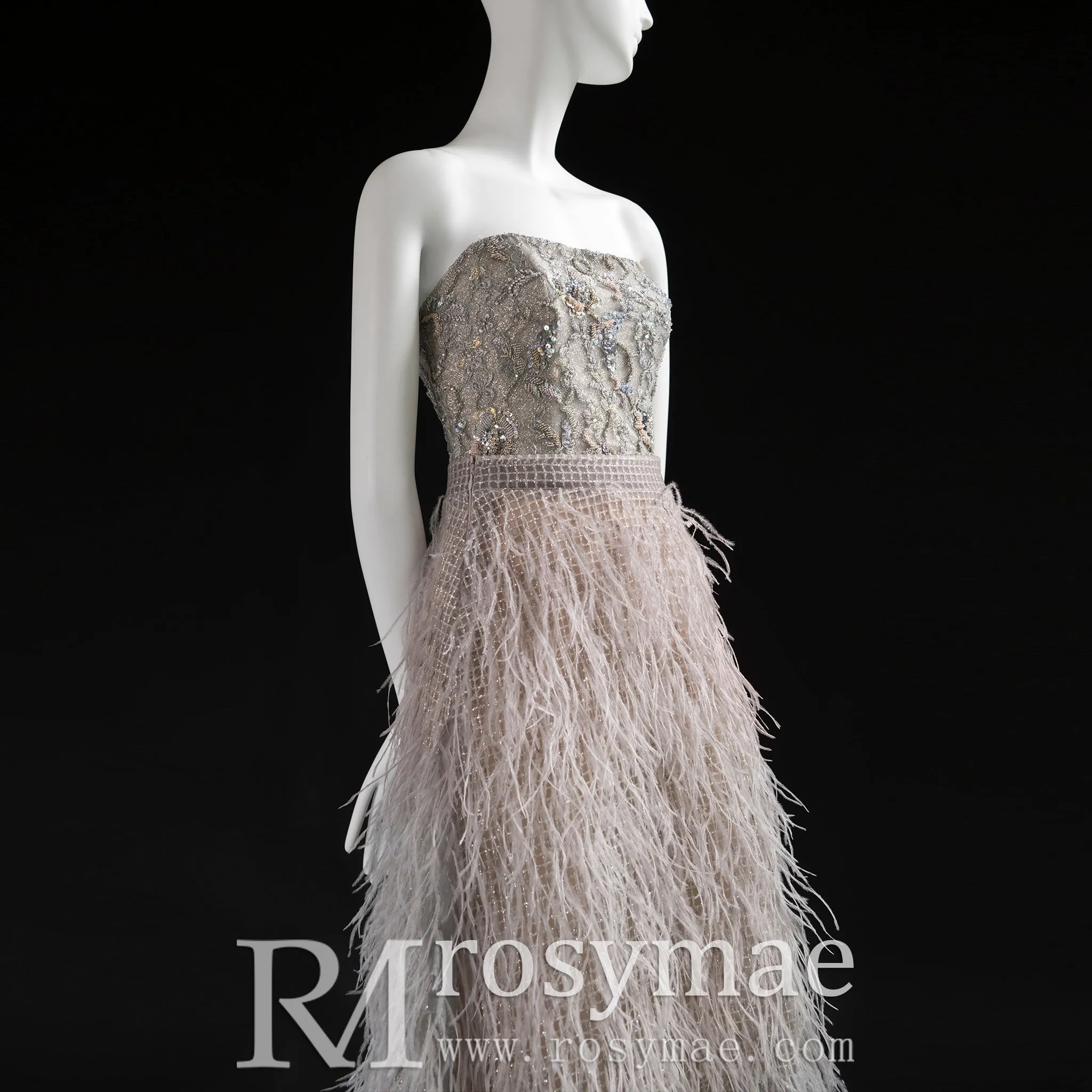 Strapless Luxury Evening Gowns Party Dresses with Feather