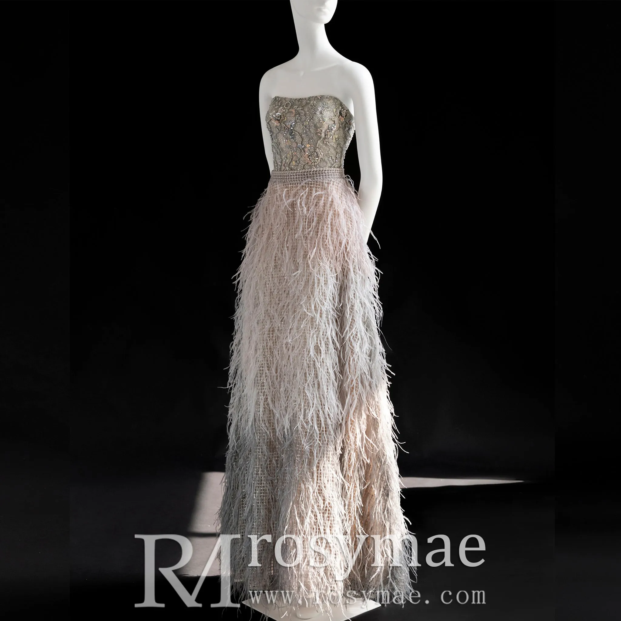 Strapless Luxury Evening Gowns Party Dresses with Feather