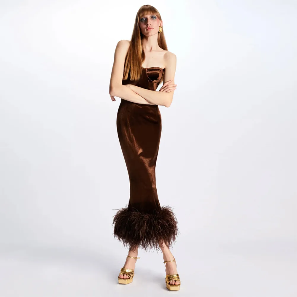 Strapless Sleeveless Feather Midi Bodycon Dress HL9545
