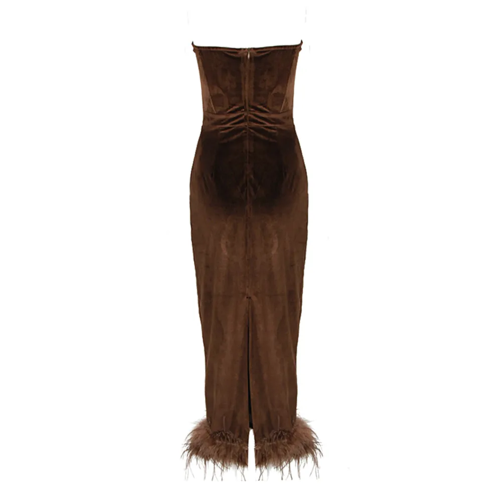 Strapless Sleeveless Feather Midi Bodycon Dress HL9545