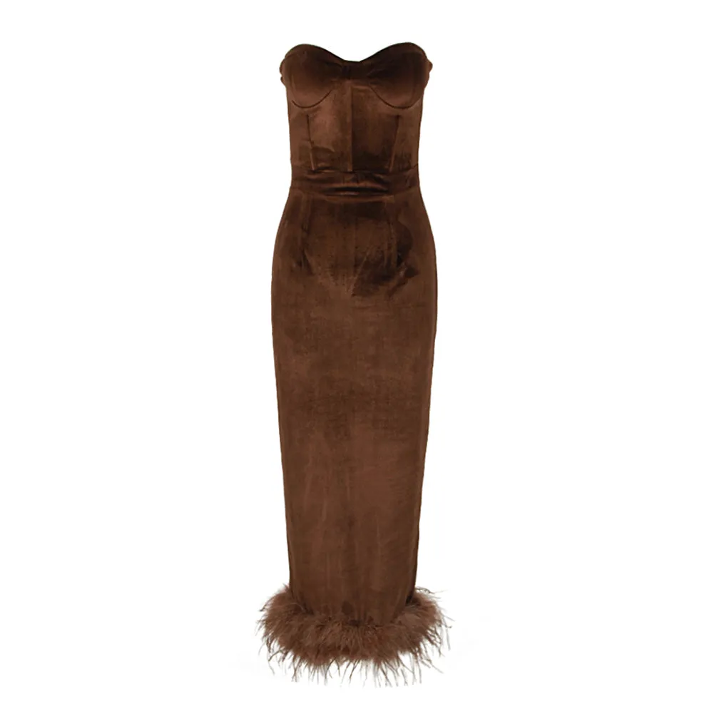 Strapless Sleeveless Feather Midi Bodycon Dress HL9545