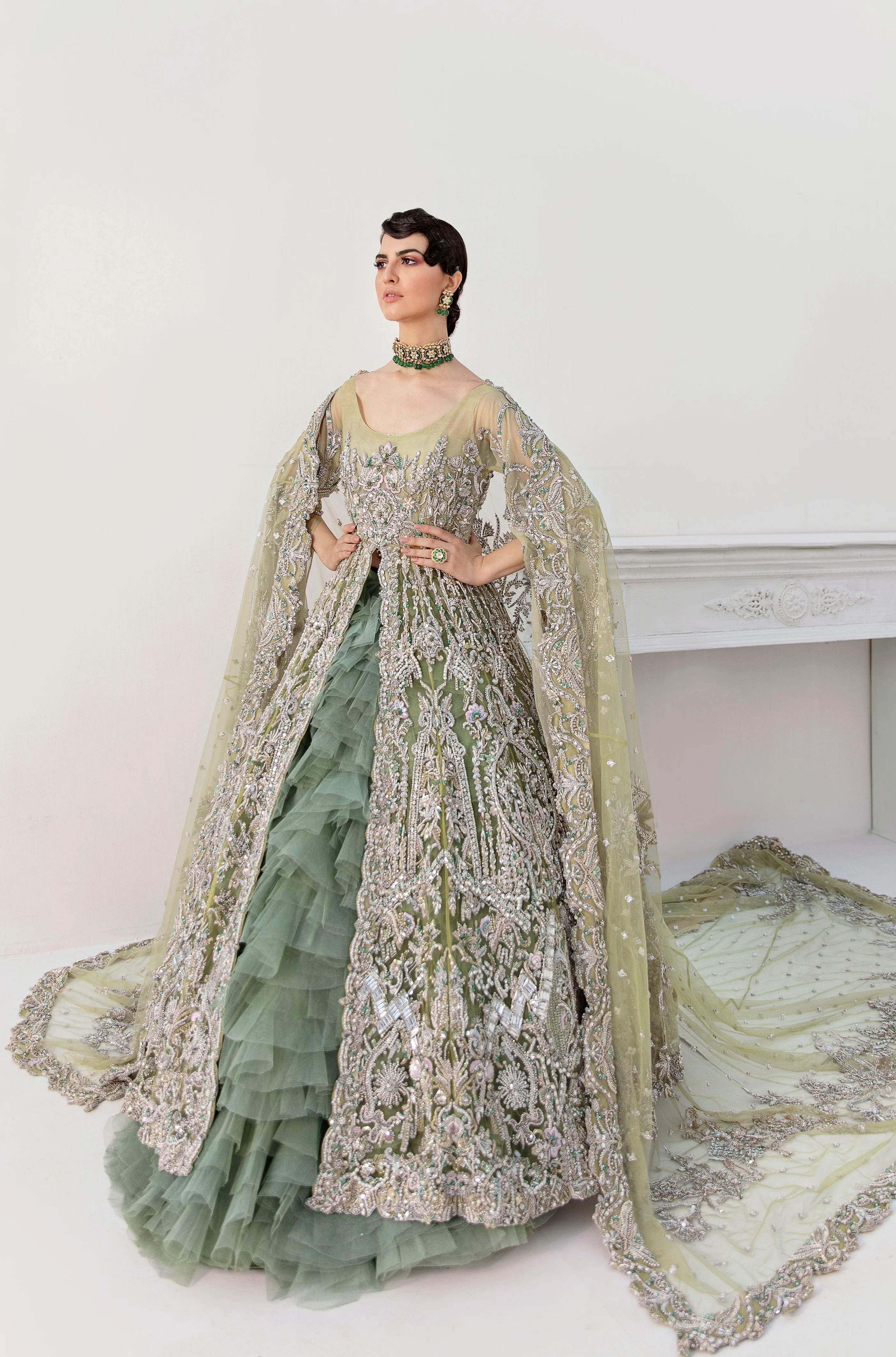 Stunning Bridal Lehenga Designs in Embellished Heavy Zardozi Feather Loaded Sea Green Lehenga with Gown in Pakistani Bridal Dress #BN938