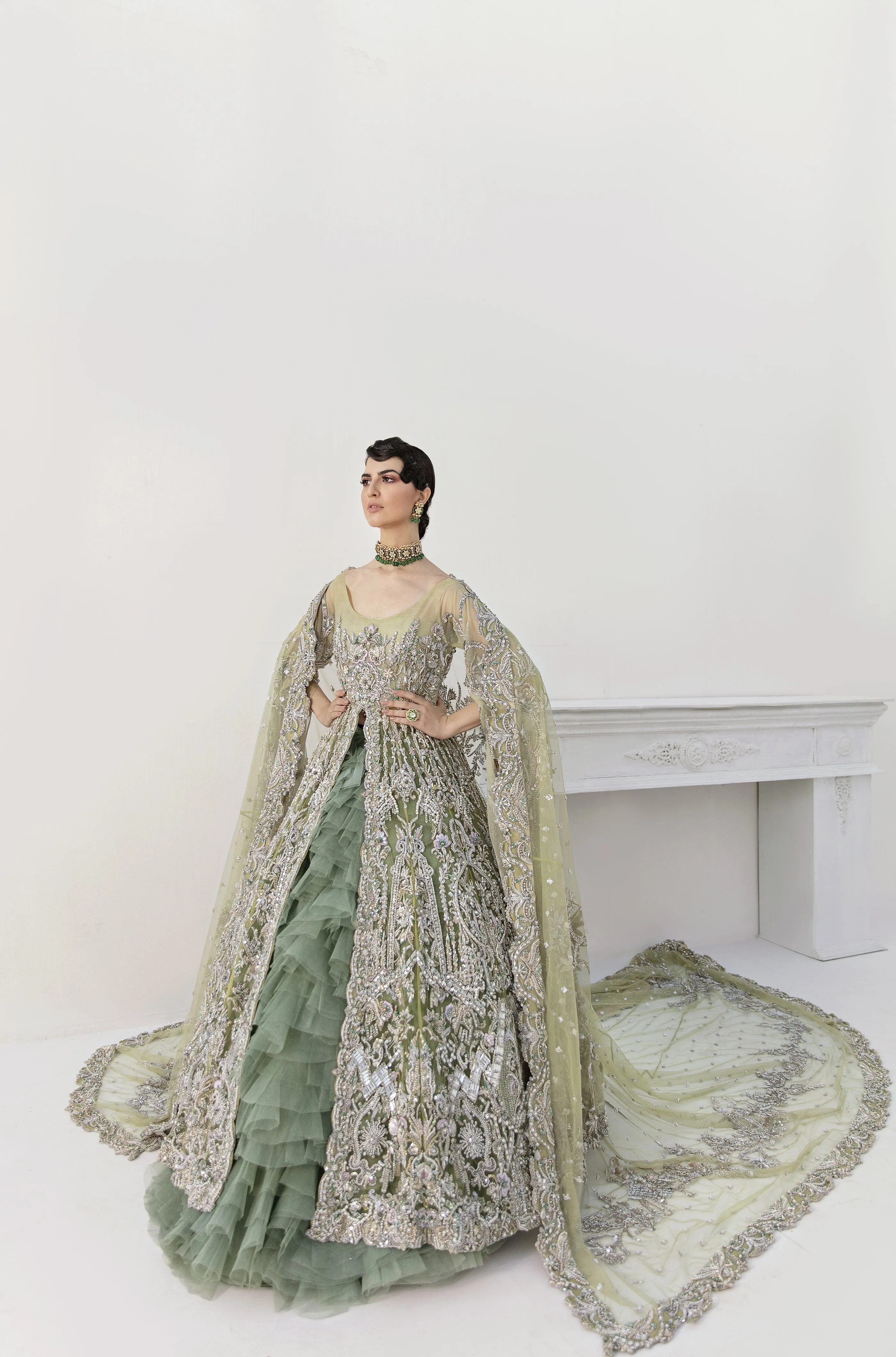 Stunning Bridal Lehenga Designs in Embellished Heavy Zardozi Feather Loaded Sea Green Lehenga with Gown in Pakistani Bridal Dress #BN938