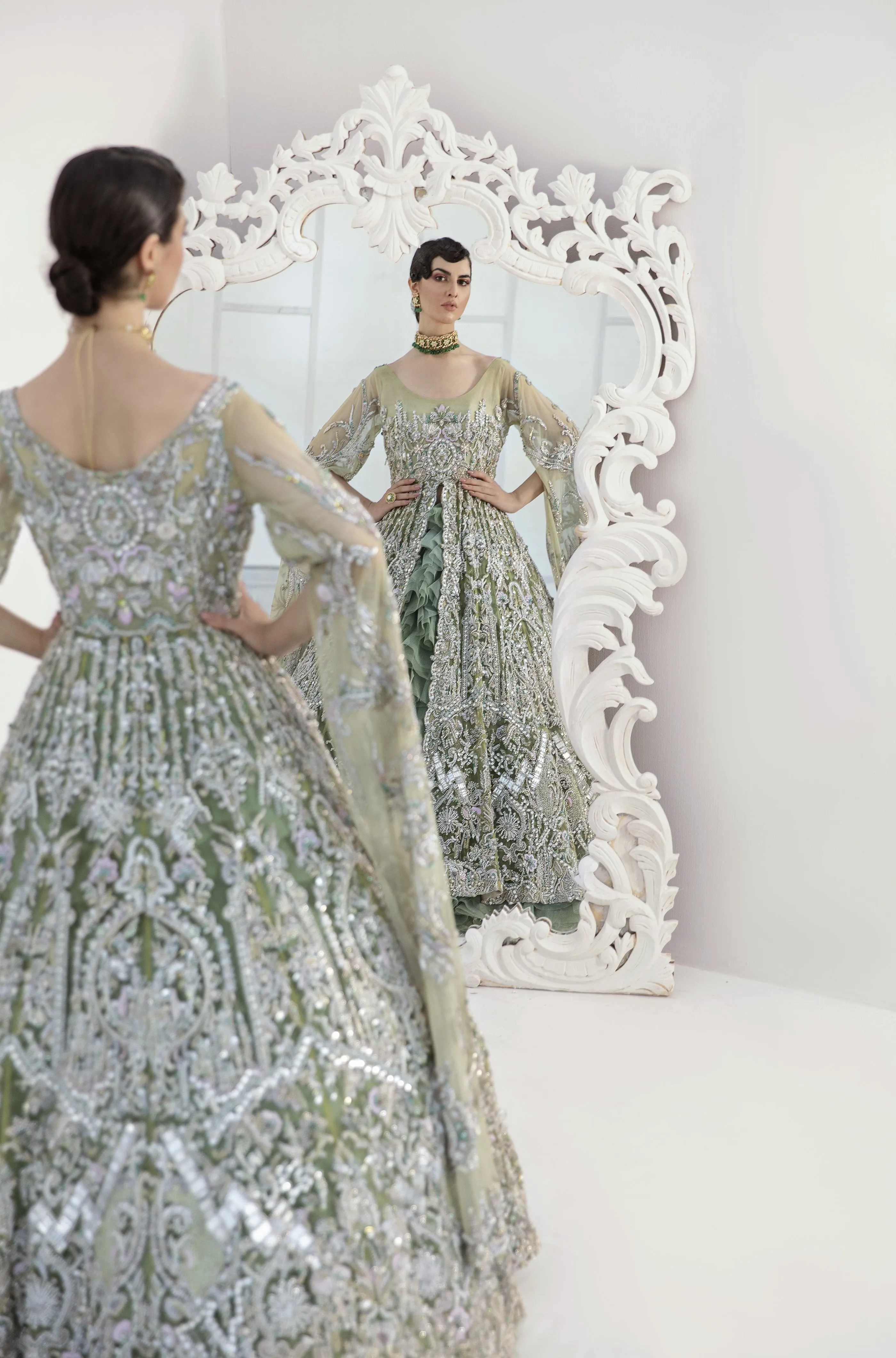 Stunning Bridal Lehenga Designs in Embellished Heavy Zardozi Feather Loaded Sea Green Lehenga with Gown in Pakistani Bridal Dress #BN938
