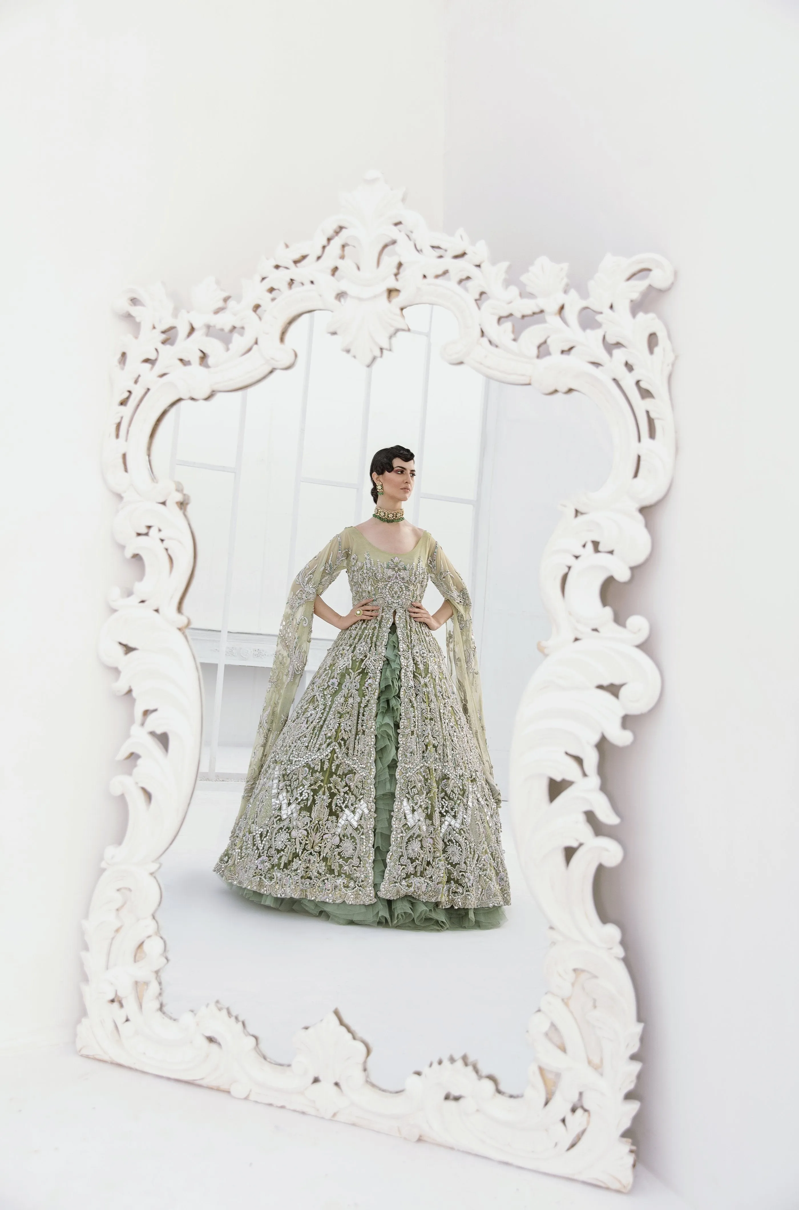 Stunning Bridal Lehenga Designs in Embellished Heavy Zardozi Feather Loaded Sea Green Lehenga with Gown in Pakistani Bridal Dress #BN938