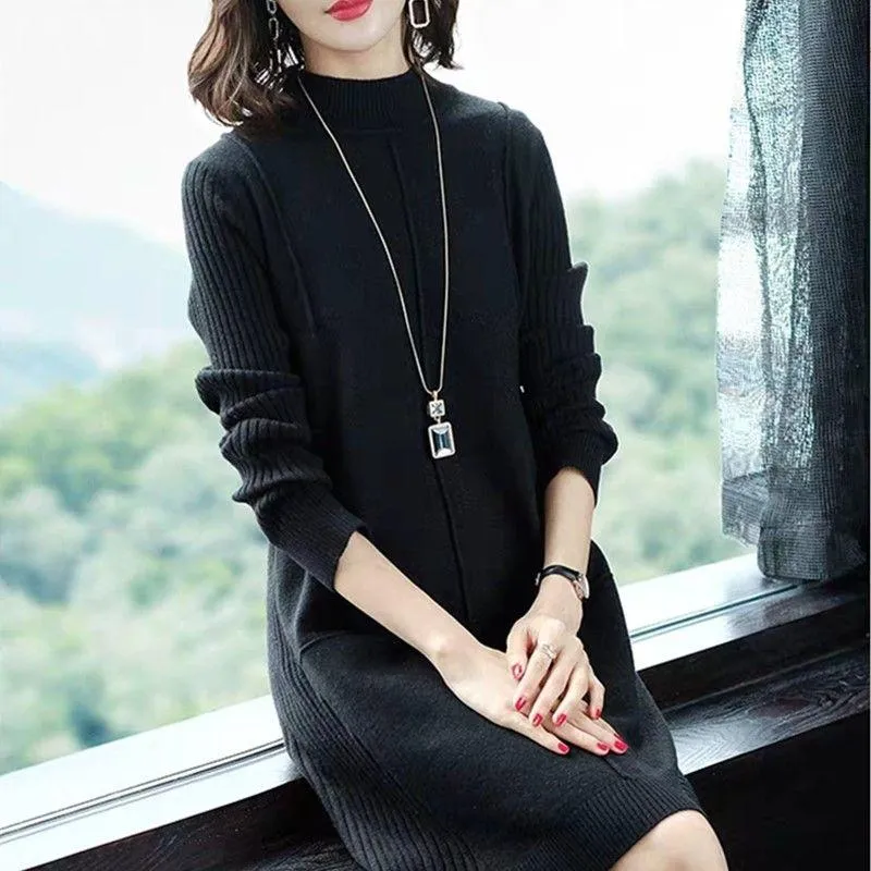 Sweater Skirt Women's Autumn and Winter Korean Loose and Versatile Mid-length Knitted Bottoming Half High Collar Dress
