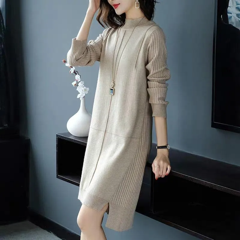 Sweater Skirt Women's Autumn and Winter Korean Loose and Versatile Mid-length Knitted Bottoming Half High Collar Dress