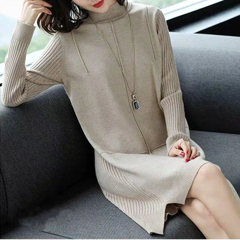 Sweater Skirt Women's Autumn and Winter Korean Loose and Versatile Mid-length Knitted Bottoming Half High Collar Dress