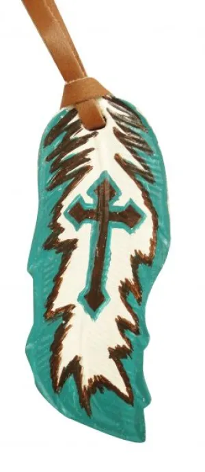 Teal  painted painted leather tie on feather with painted cross.