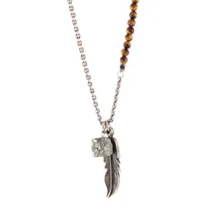 Tiger Eye Semi Precious Stone Chain Necklace with Pyrite Nugget and Feather Pendant Charm