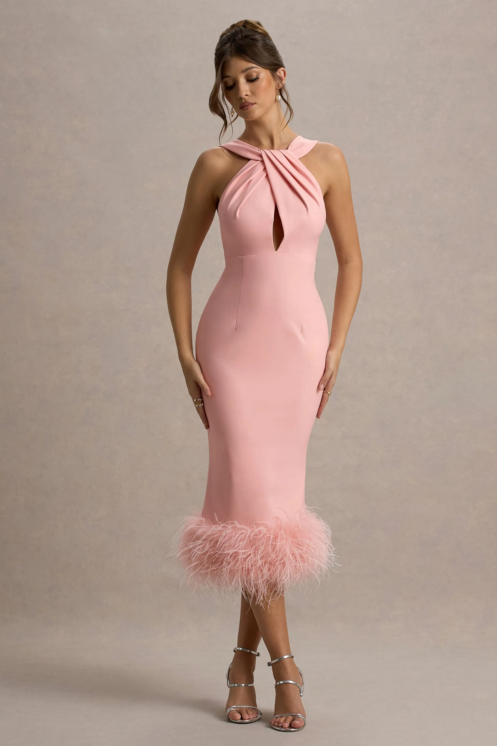 Titania | Pink Twist-Neck Feather Hem Midi Dress