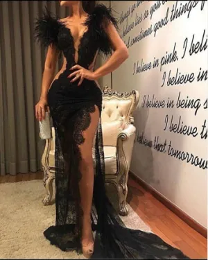 V Neck Feather Lace High Side Split Dress