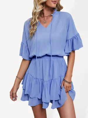 V-Neck Ruffle Dress with Tiered Skirt and Cinched Waist