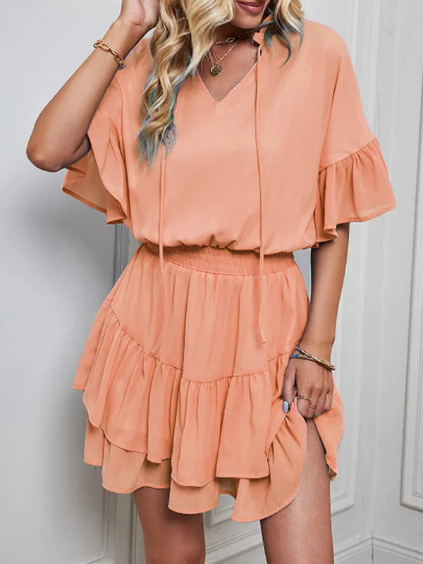 V-Neck Ruffle Dress with Tiered Skirt and Cinched Waist