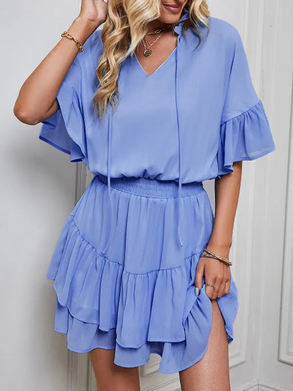 V-Neck Ruffle Dress with Tiered Skirt and Cinched Waist