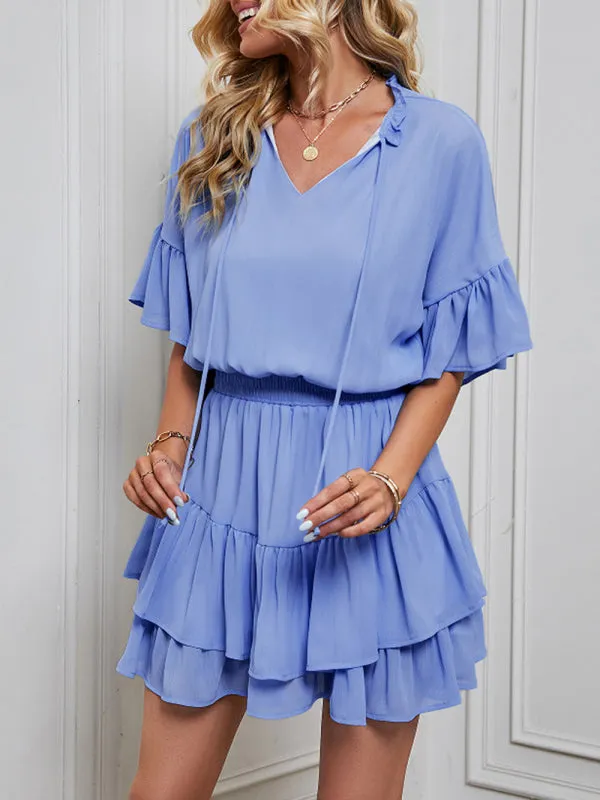 V-Neck Ruffle Dress with Tiered Skirt and Cinched Waist