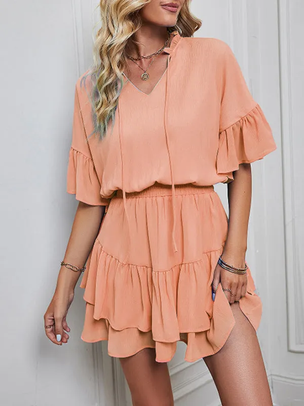 V-Neck Ruffle Dress with Tiered Skirt and Cinched Waist