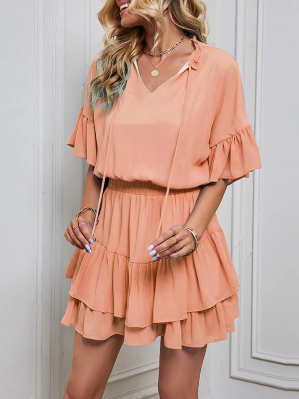 V-Neck Ruffle Dress with Tiered Skirt and Cinched Waist