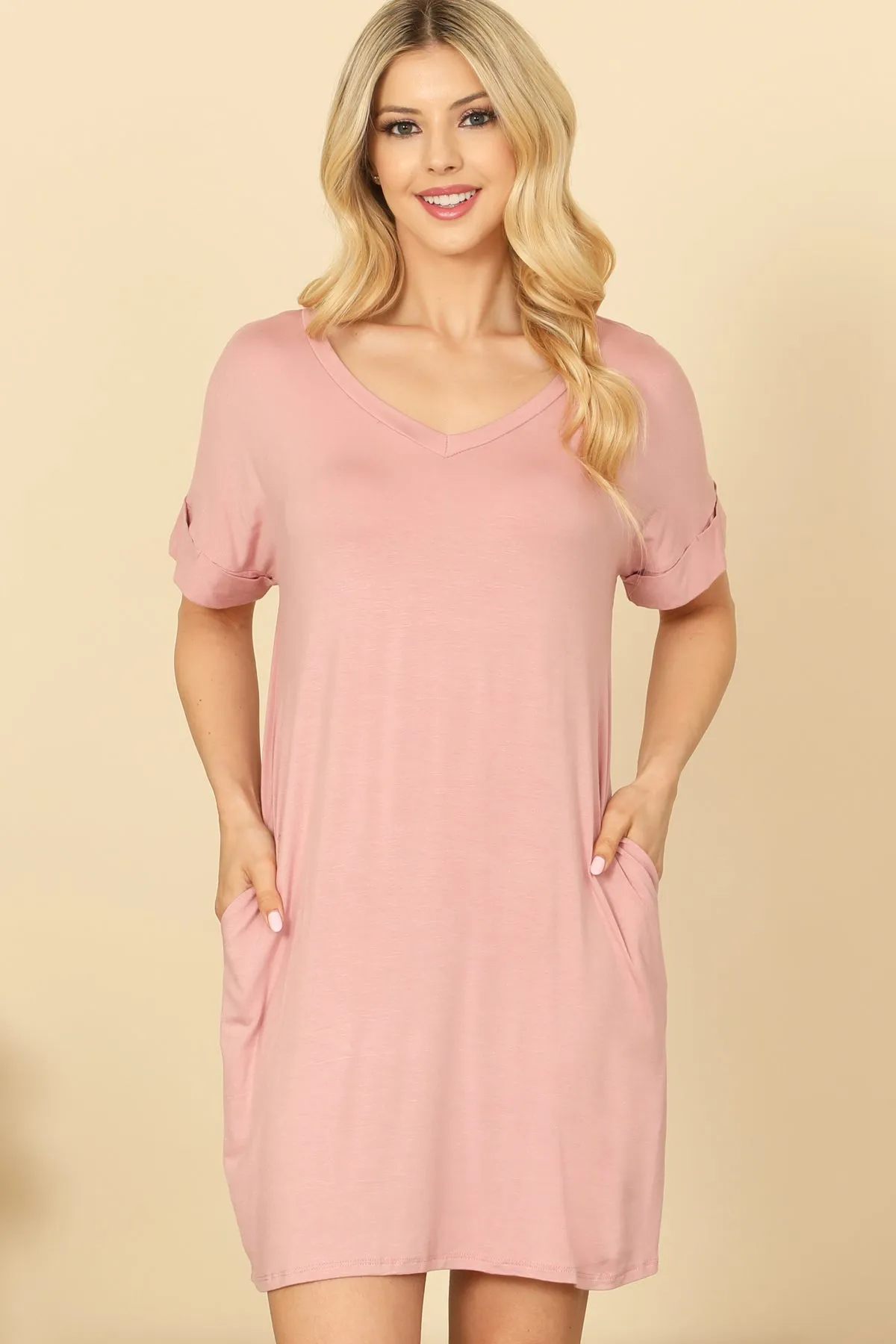 V-NECK SHORT SLEEVE SIDE POCKET SOLID MINI DRESS