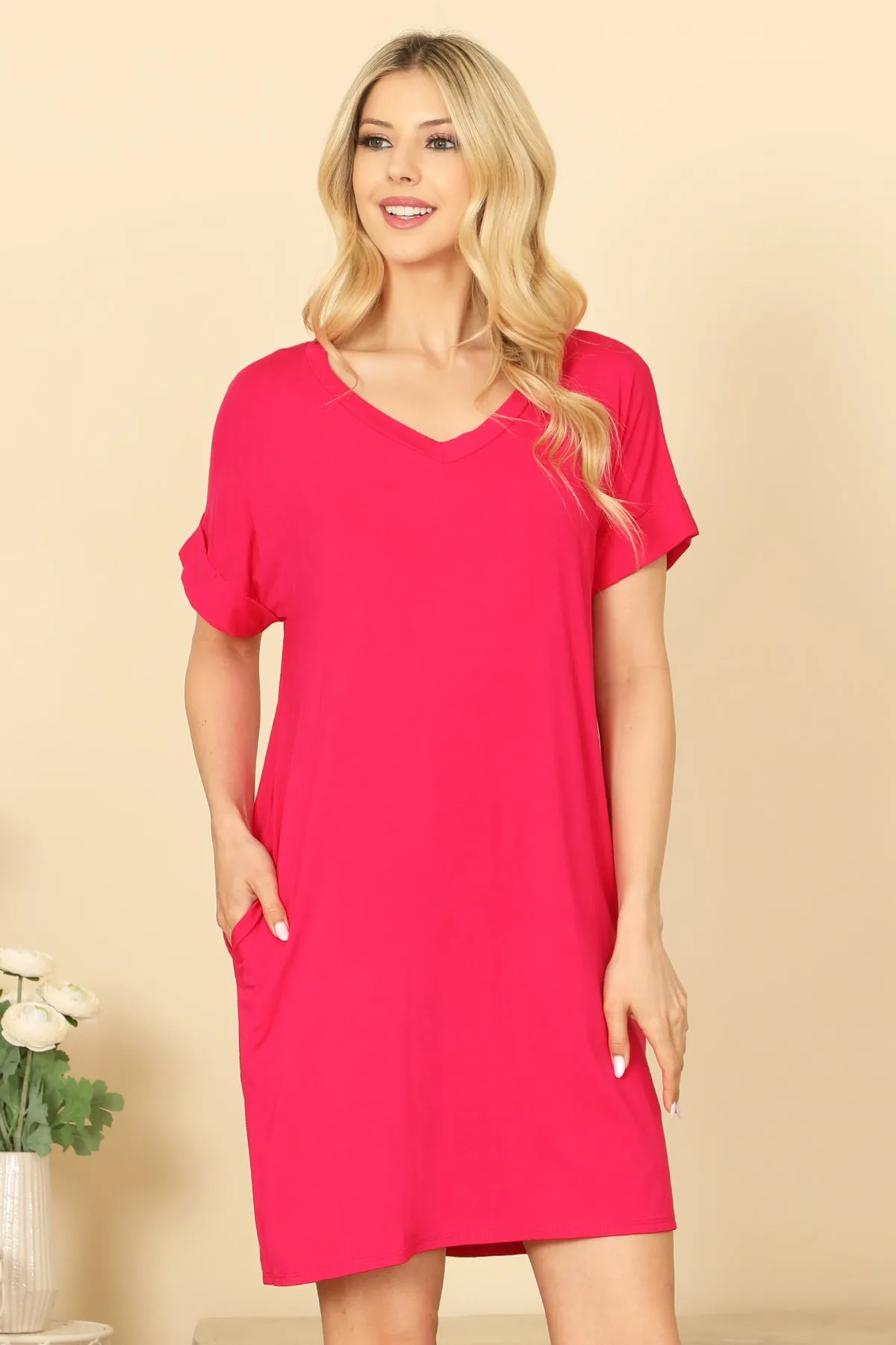 V-NECK SHORT SLEEVE SIDE POCKET SOLID MINI DRESS