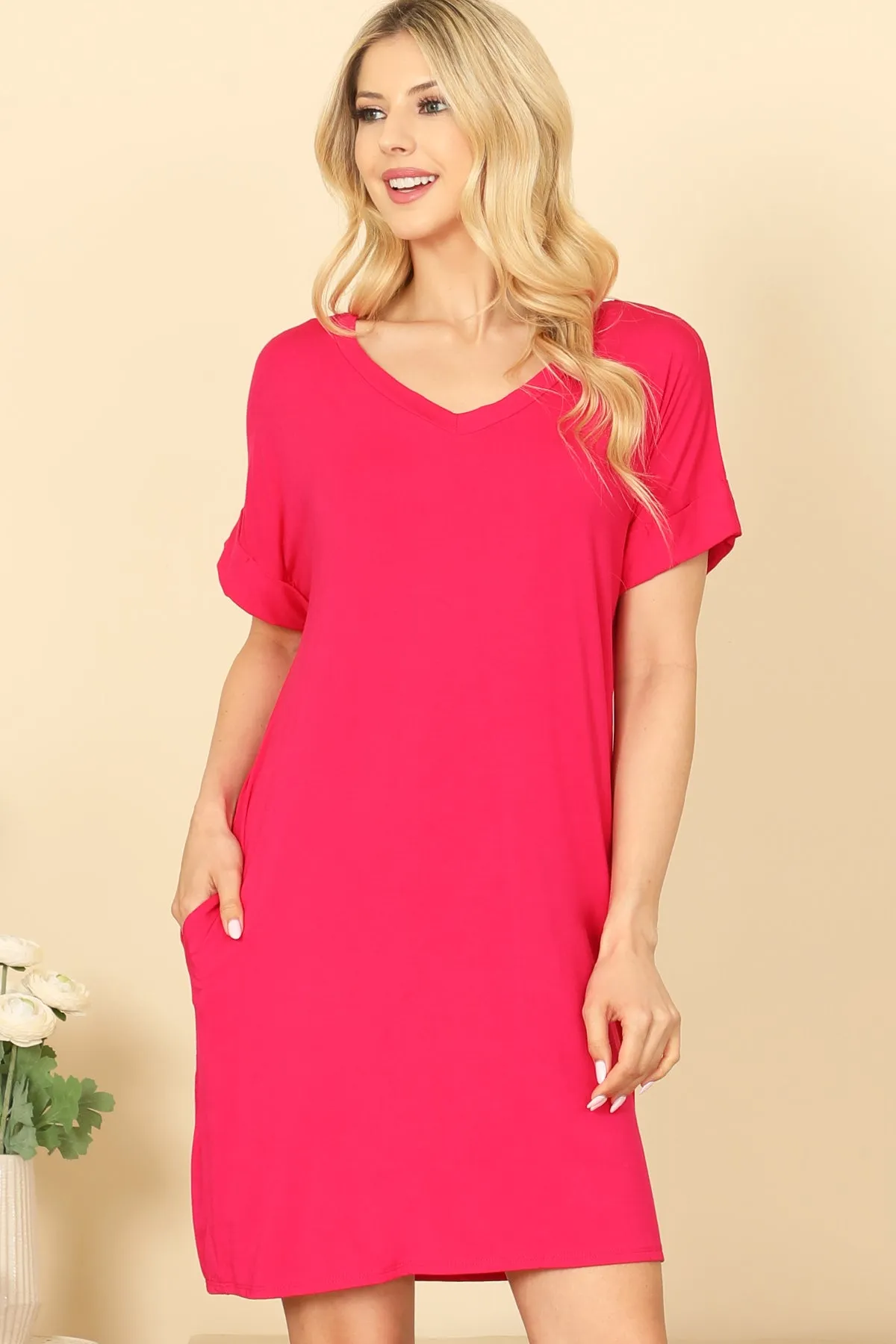 V-NECK SHORT SLEEVE SIDE POCKET SOLID MINI DRESS