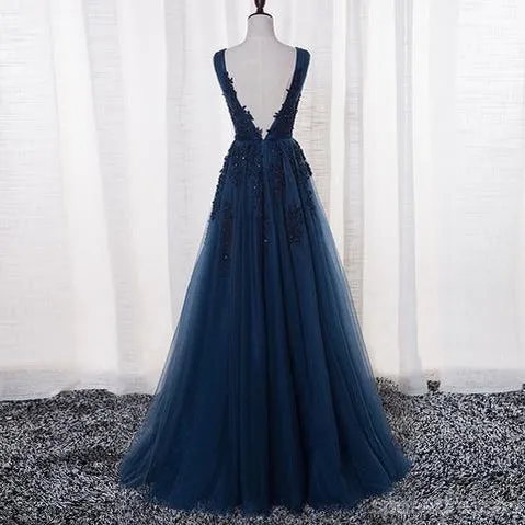 V Neckline Two Straps Lace Beaded Long Evening Prom Dresses, Party Prom Dresses, 17306