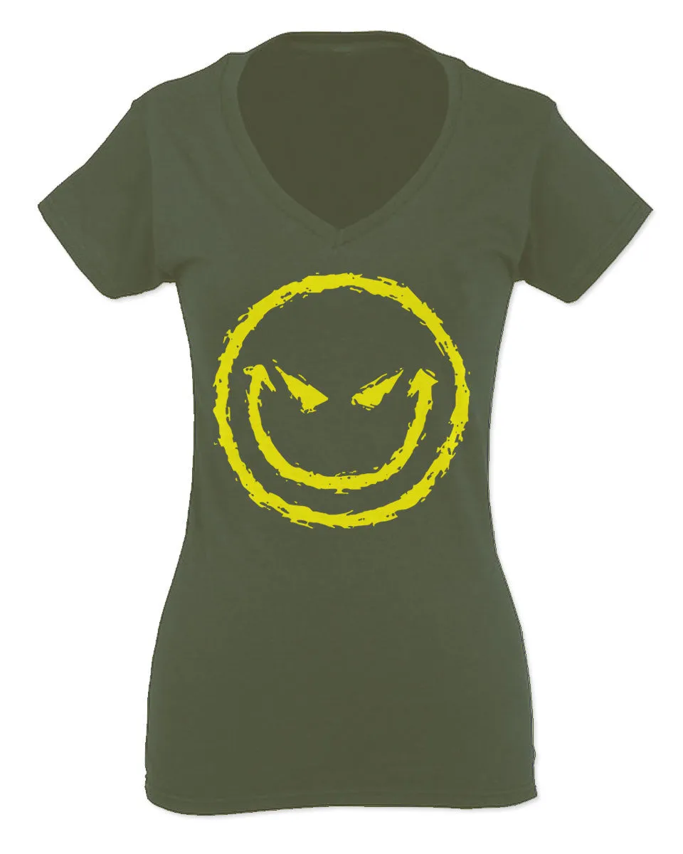 VICES AND VIRTUESS Funny Cool Graphic Evil Smile Workout trainig Gym Fitness For Women V neck fitted T Shirt